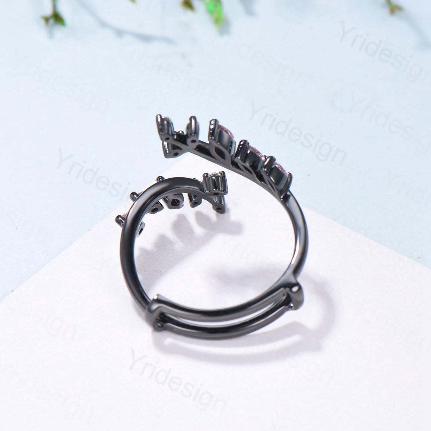 Black Gold Marquise Cut Pink Sapphire Enhancer Wedding Band, Nature Inspired Gothic Branch Ring