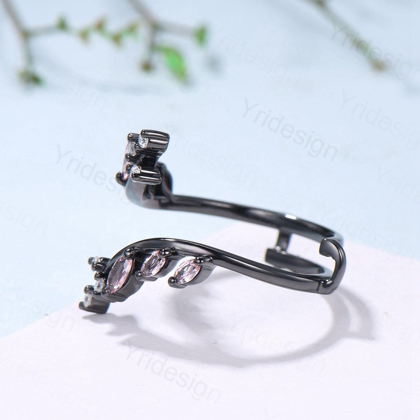 Black Gold Marquise Cut Pink Sapphire Enhancer Wedding Band, Nature Inspired Gothic Branch Ring