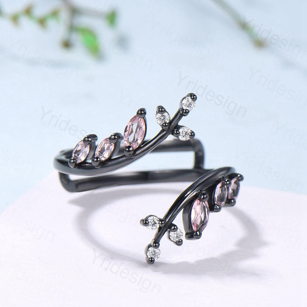 Black Gold Marquise Cut Pink Sapphire Enhancer Wedding Band, Nature Inspired Gothic Branch Ring