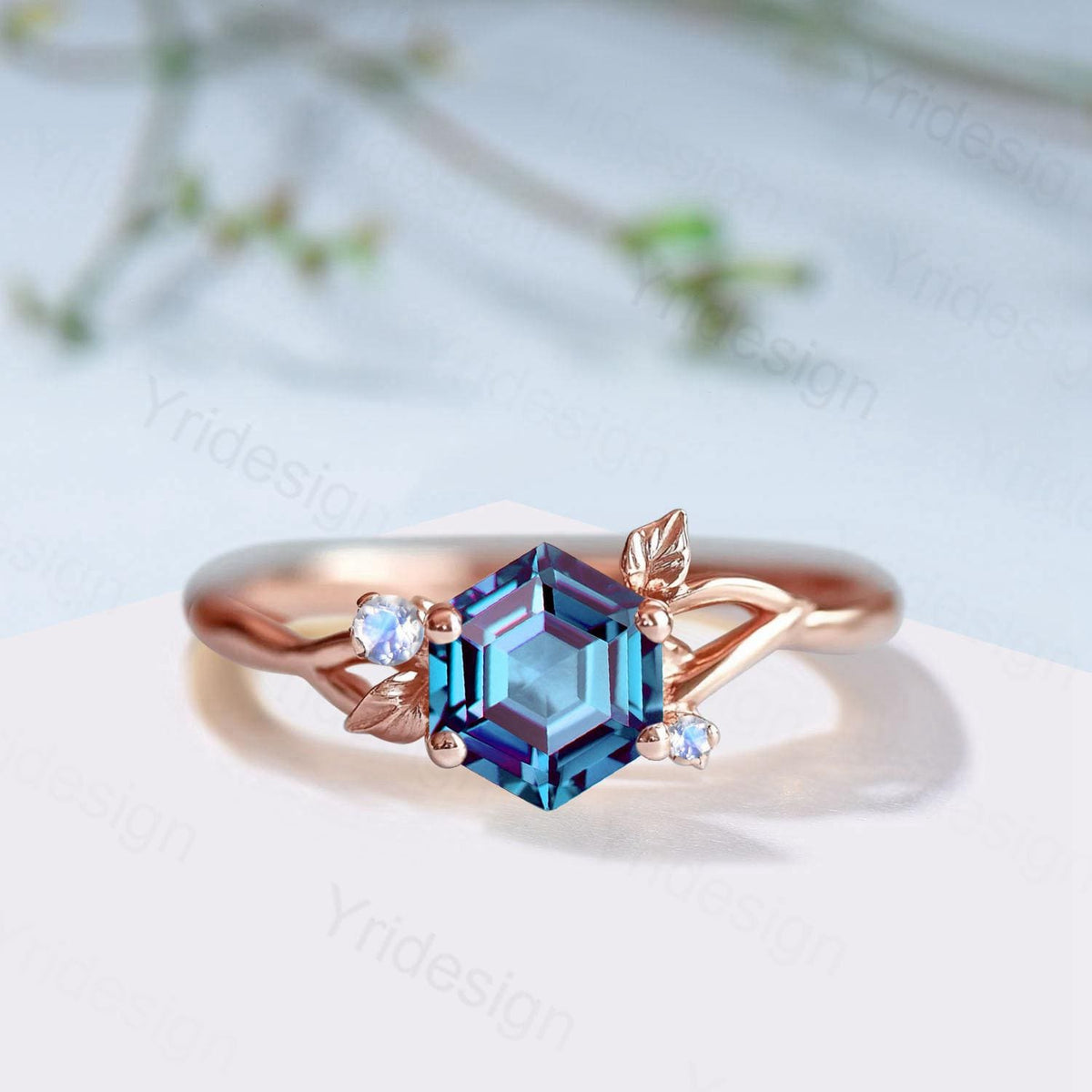 Hexagon Cut Alexandrite Engagement Ring, Nature Inspired Leaf Twig Gold Moonstone Ring