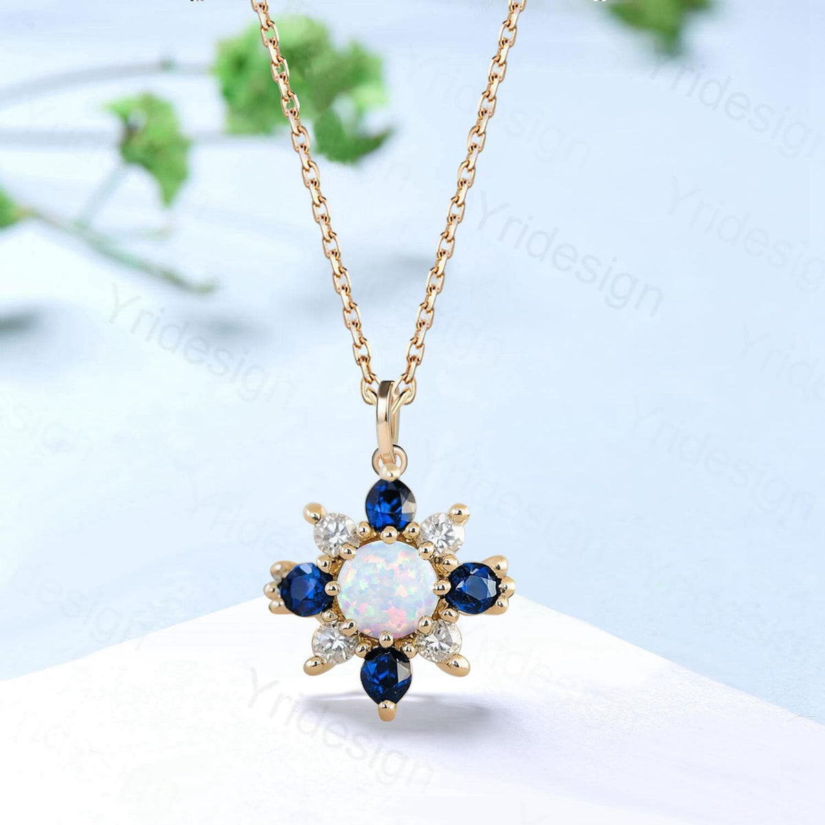 Vintage Opal Sapphire Pendant Necklace, Silver Rose Gold & Moissanite Accent Floral Style