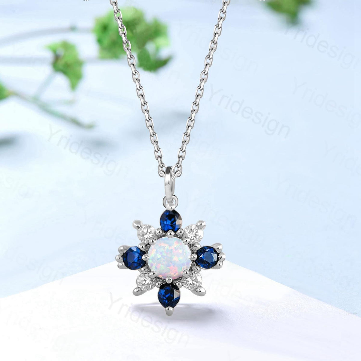 Vintage Opal Sapphire Pendant Necklace, Silver Rose Gold & Moissanite Accent Floral Style