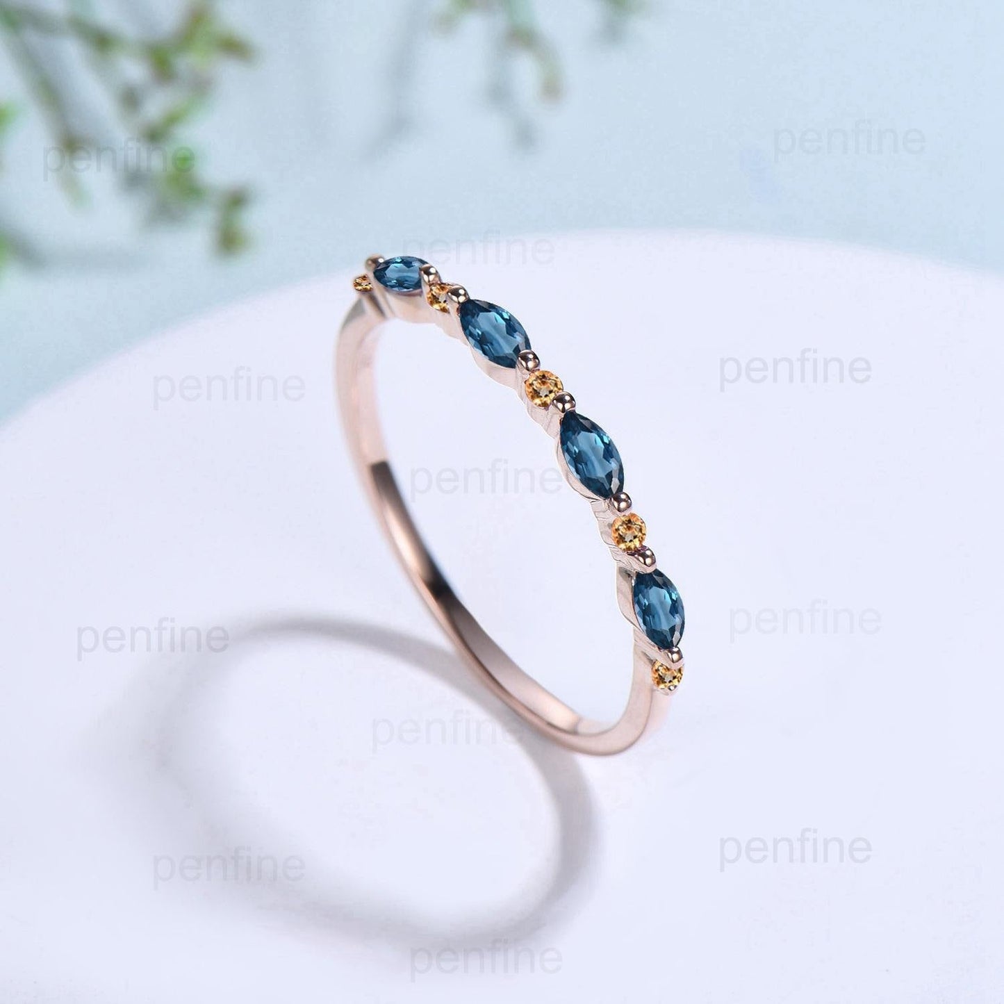 Rose Gold London Blue Topaz & Citrine Stacking Ring, Dainty Marquise Gemstone Eternity Band, Unique Art Deco Inspired Statement Jewelry