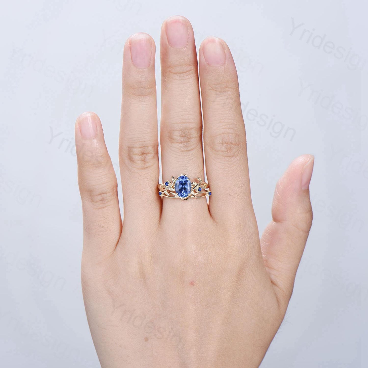 Floral Oval Natural Tanzanite Engagement Ring Set, Yellow Gold Nature Inspired Twig Vine Blue Sapphire Wedding Set