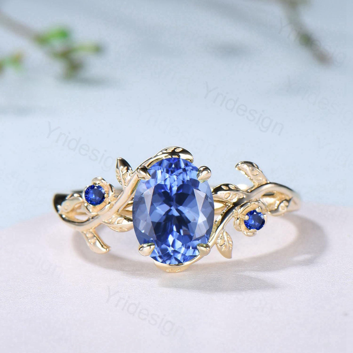 Floral Oval Natural Tanzanite Engagement Ring Set, Yellow Gold Nature Inspired Twig Vine Blue Sapphire Wedding Set