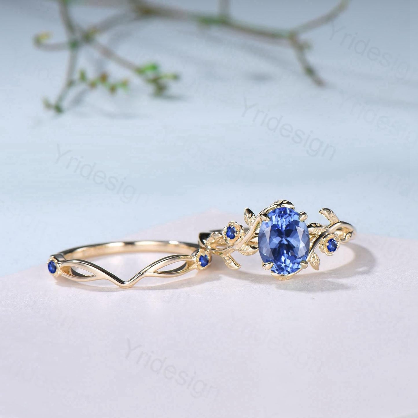 Floral Oval Natural Tanzanite Engagement Ring Set, Yellow Gold Nature Inspired Twig Vine Blue Sapphire Wedding Set