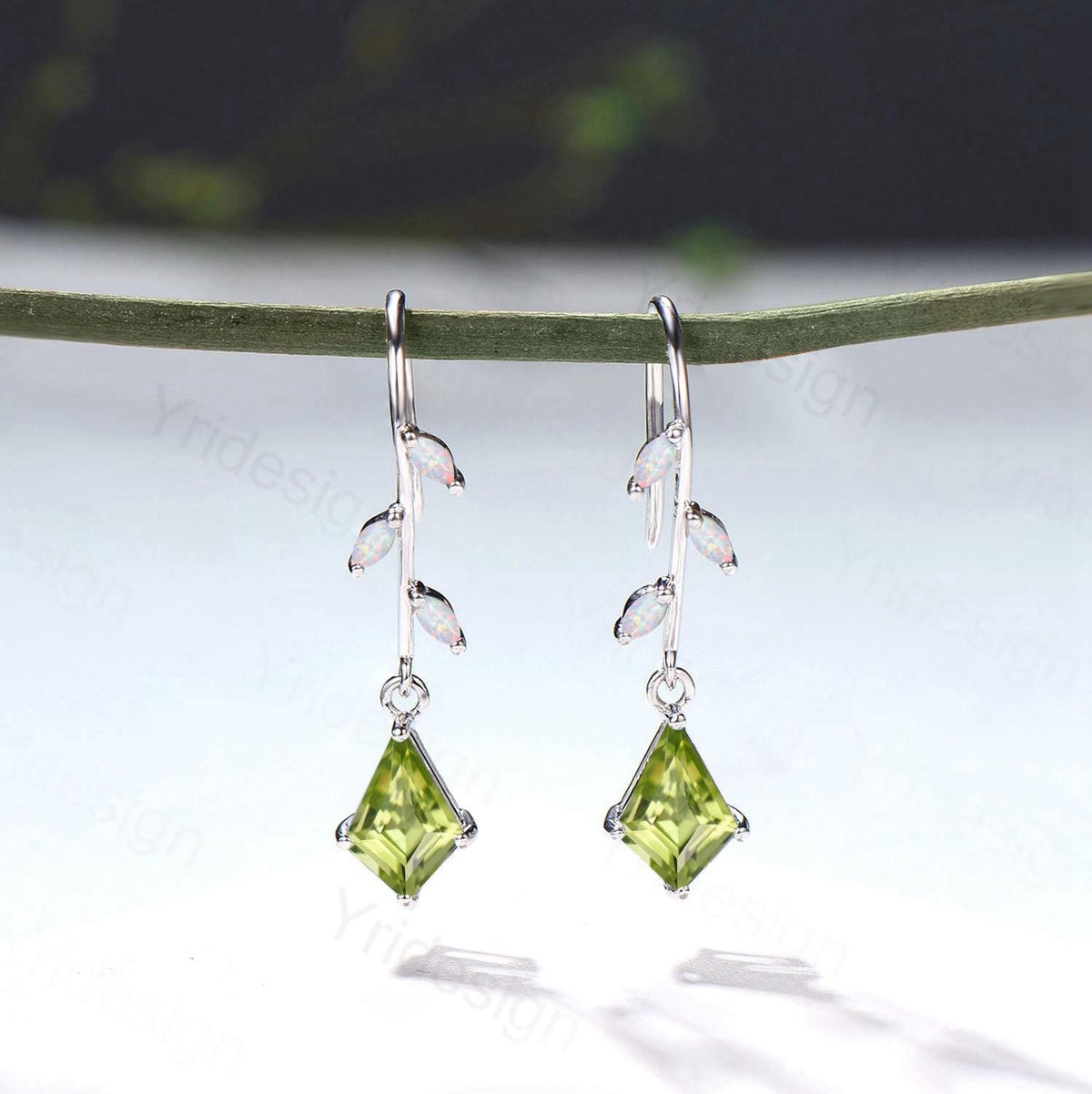 Elegant Kite Cut Peridot Drop Earrings, Branch Marquise White Opal Pinwheel Studs