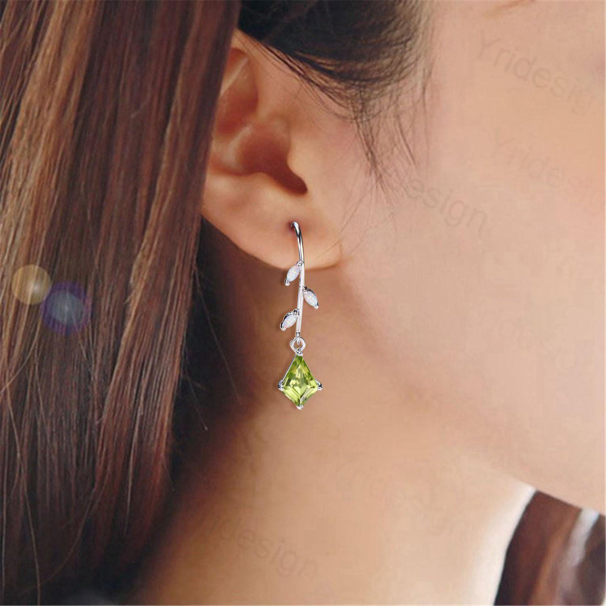 Elegant Kite Cut Peridot Drop Earrings, Branch Marquise White Opal Pinwheel Studs