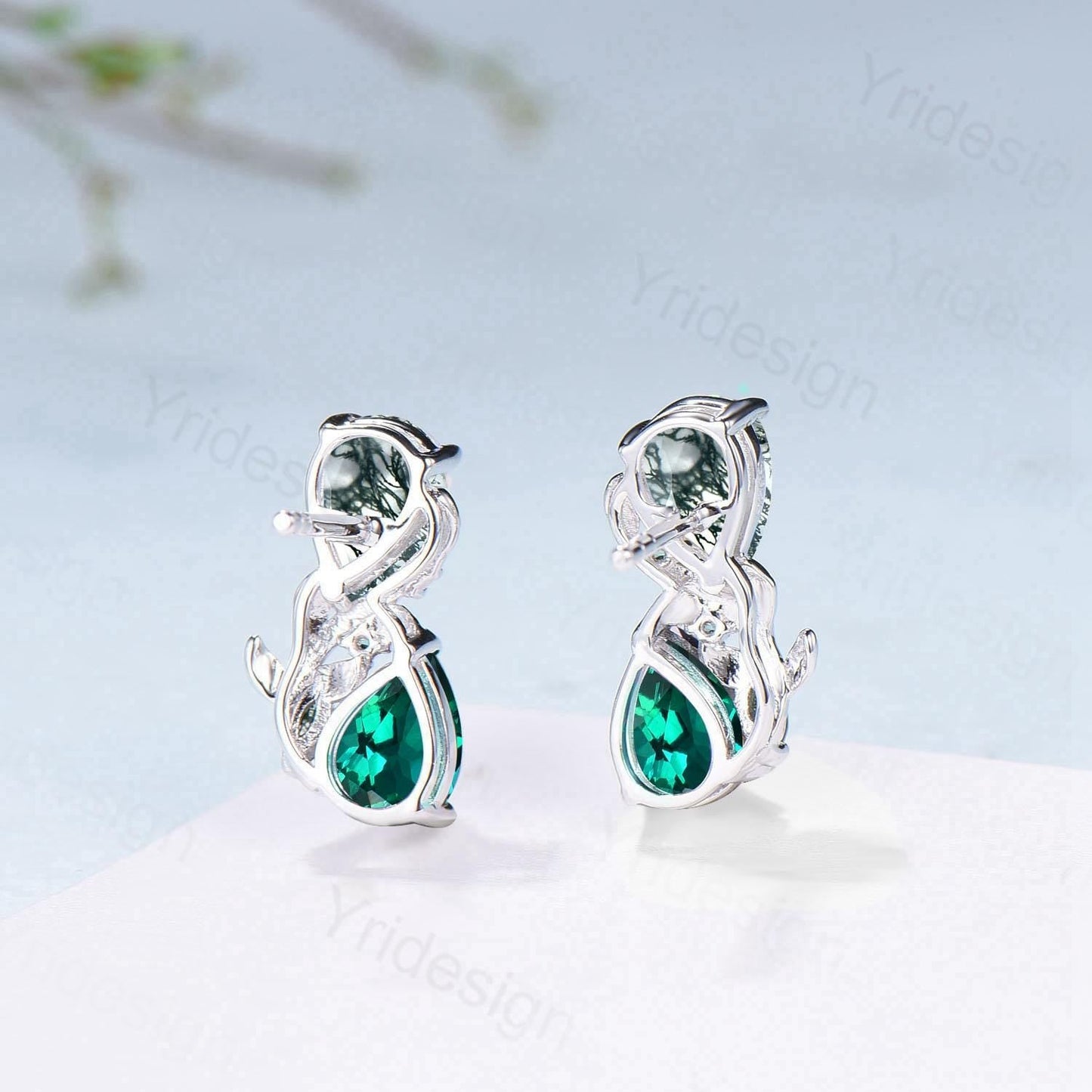 Moss Agate & Emerald Sterling Silver Earrings Leaf Vine Twig Studs