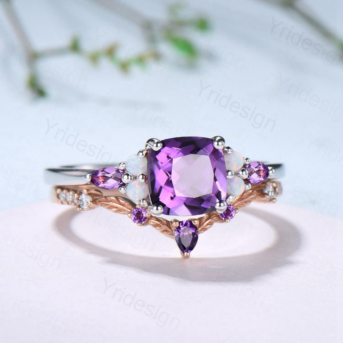 Vintage Cushion Amethyst Engagement Ring Set, Opal Leaf Vine Band