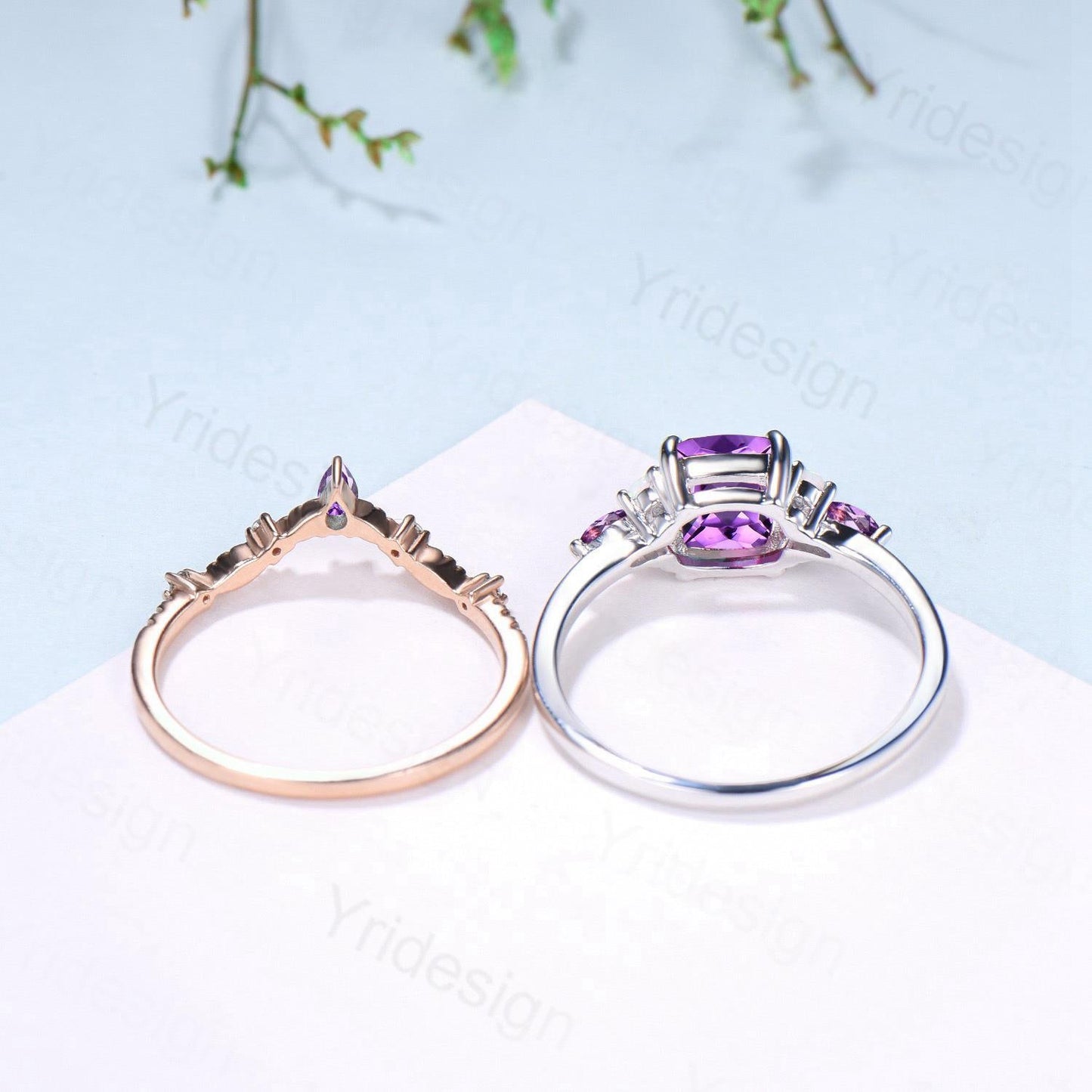 Vintage Cushion Amethyst Engagement Ring Set, Opal Leaf Vine Band