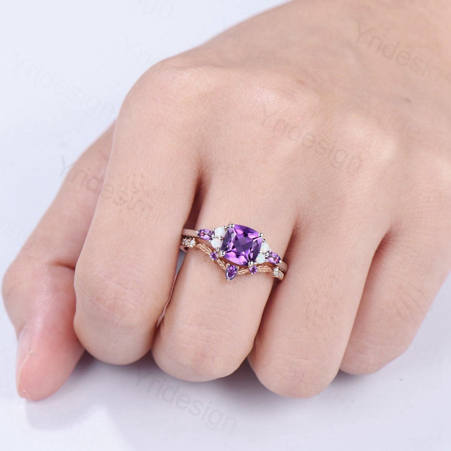 Vintage Cushion Amethyst Engagement Ring Set, Opal Leaf Vine Band