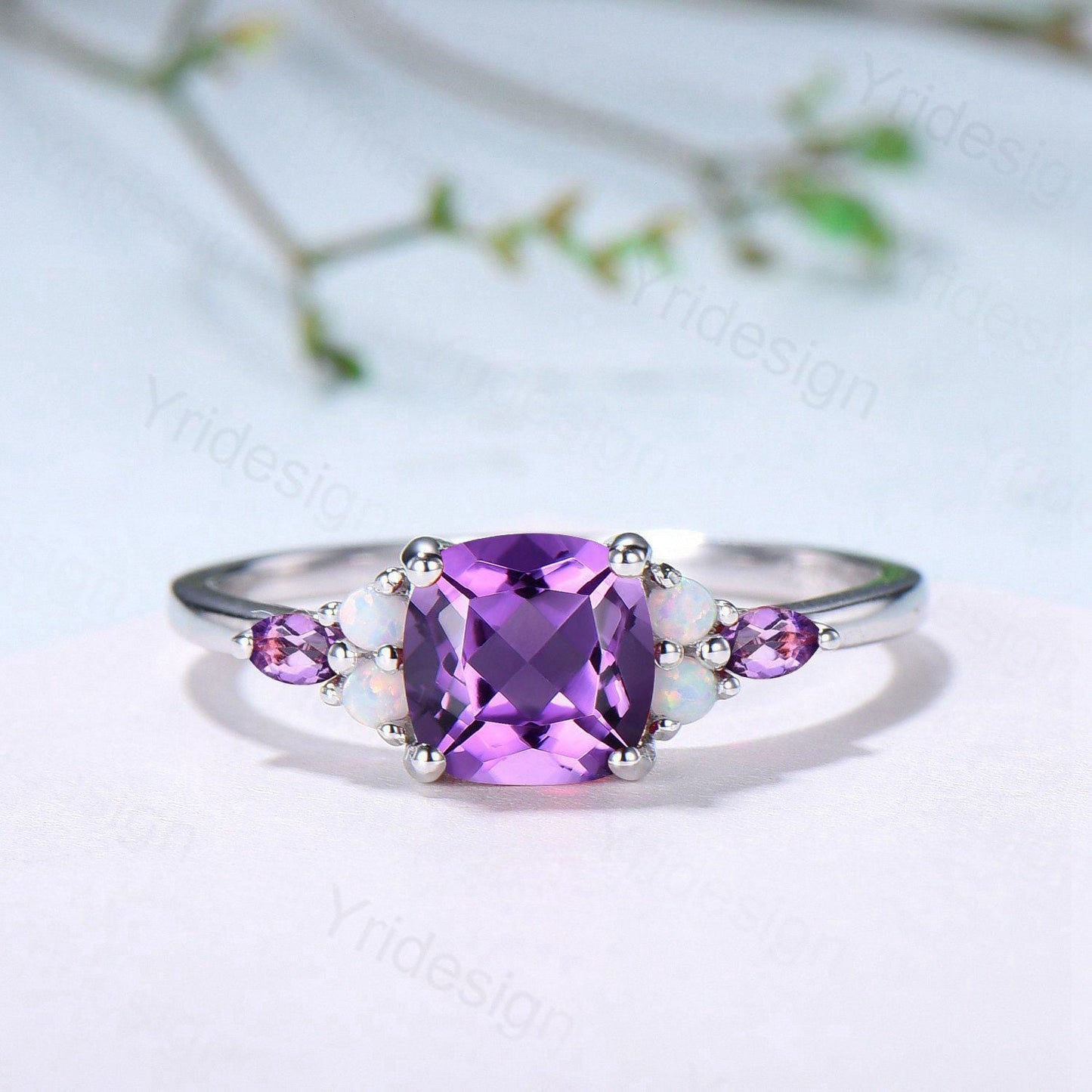 Vintage Cushion Amethyst Engagement Ring Set, Opal Leaf Vine Band