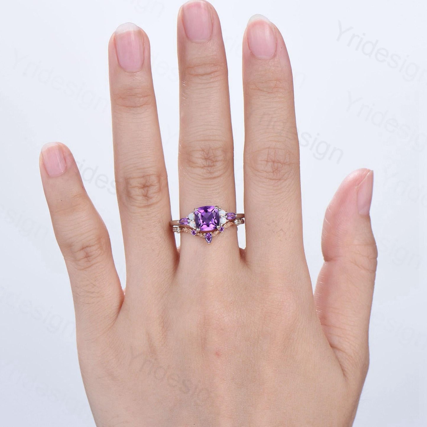 Vintage Cushion Amethyst Engagement Ring Set, Opal Leaf Vine Band