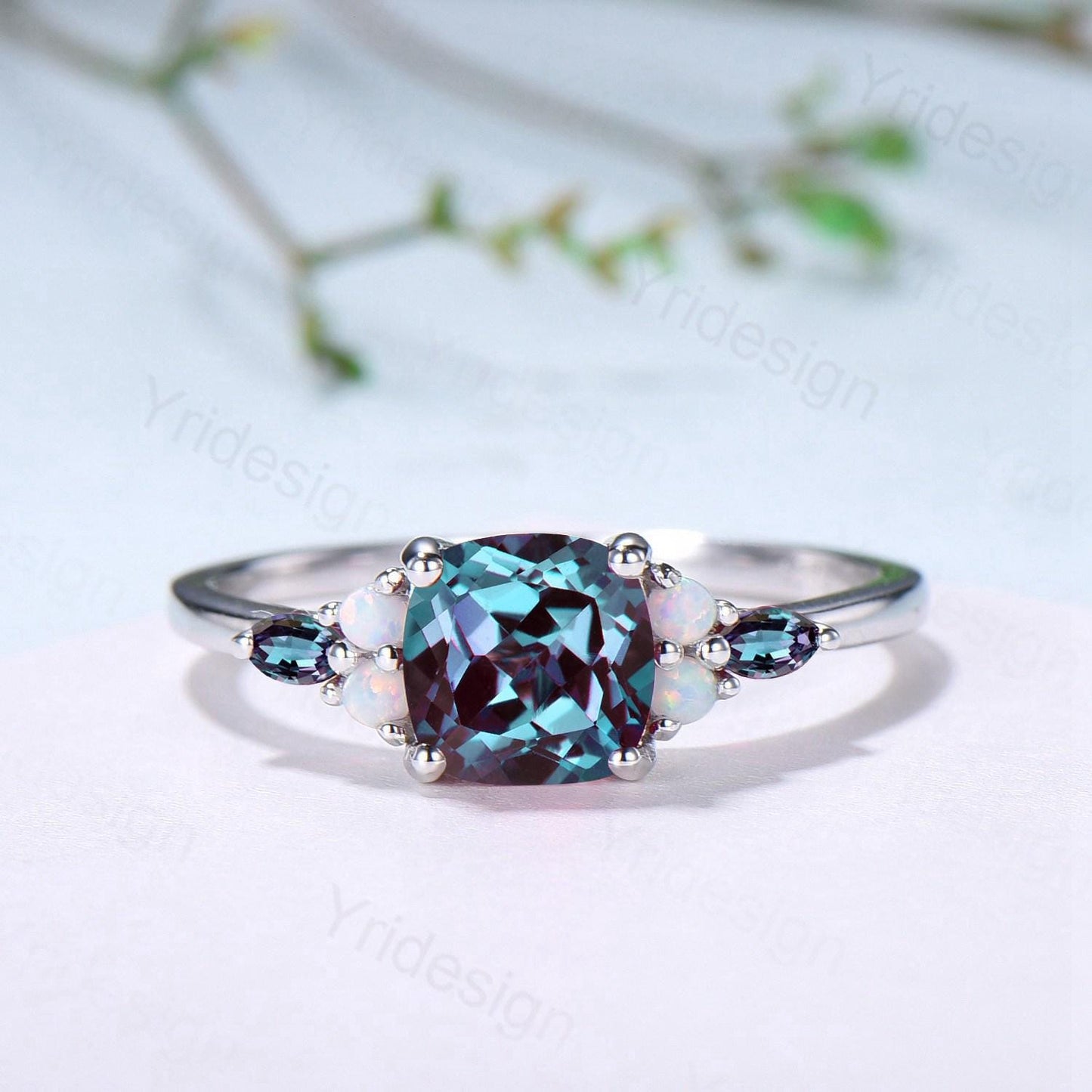Vintage Cushion Alexandrite Enaggement Ring Set, Cluster Opal Marquise Alexandrite Wedding Set, Emerald Stacking Band