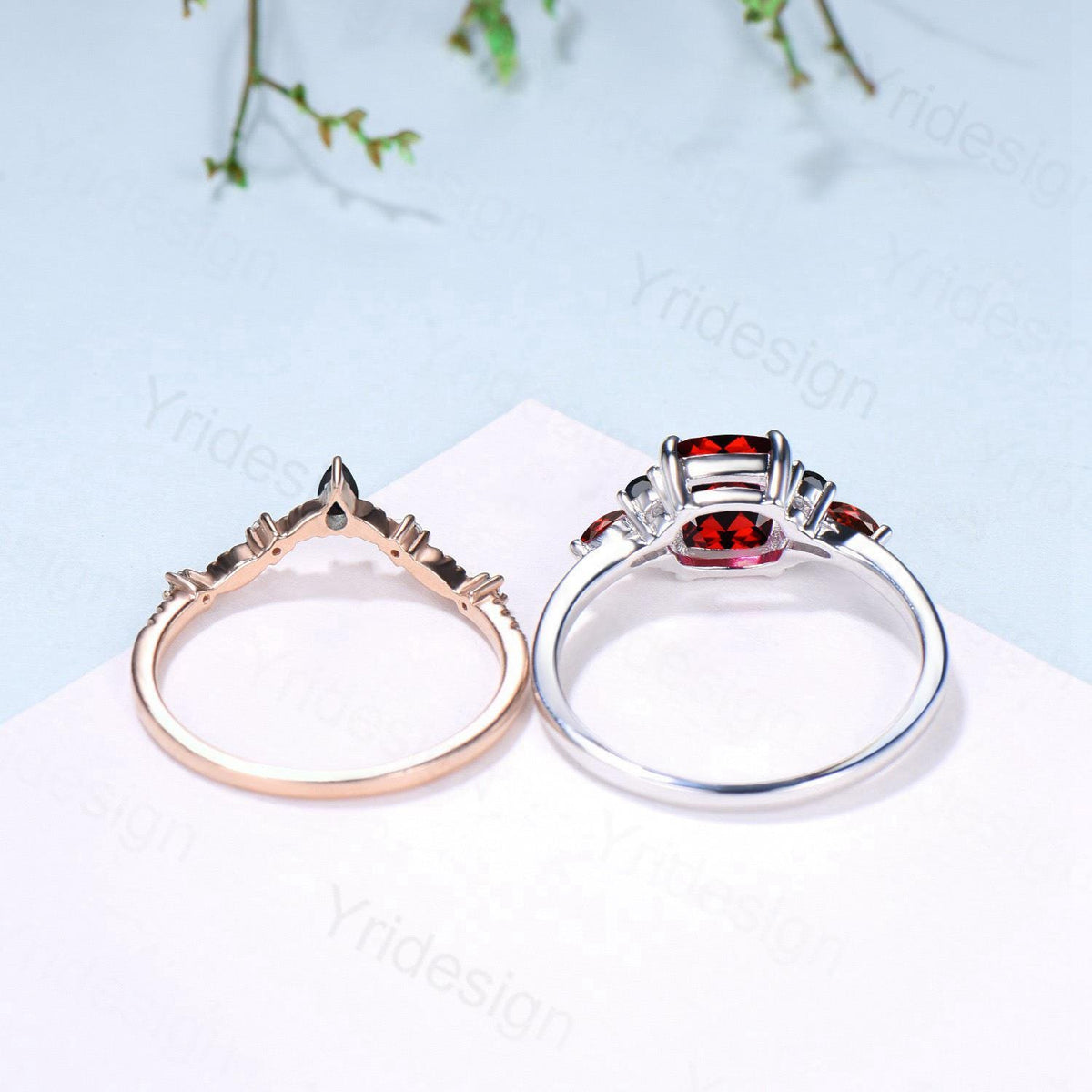Cushion Garnet Statement Ring, Black Spinel Accent, 14K Gold