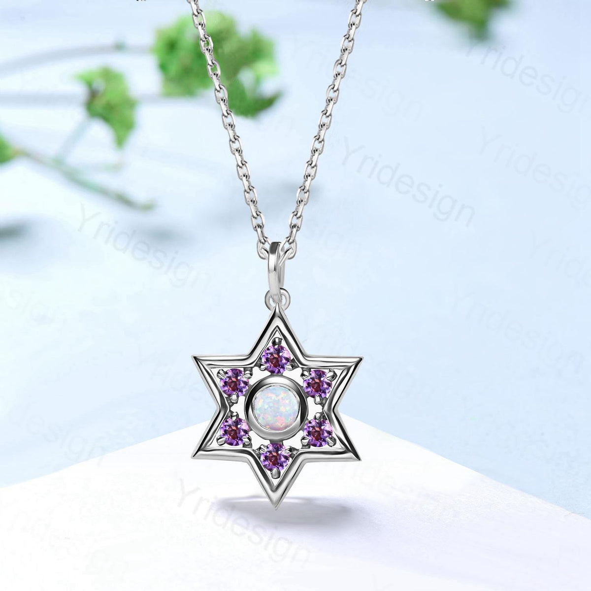 Enchanting Star of David Opal & Amethyst Necklace -  Sterling Silver Pendant, Mystical Celestial Jewelry, October/ February Birthstone Gift