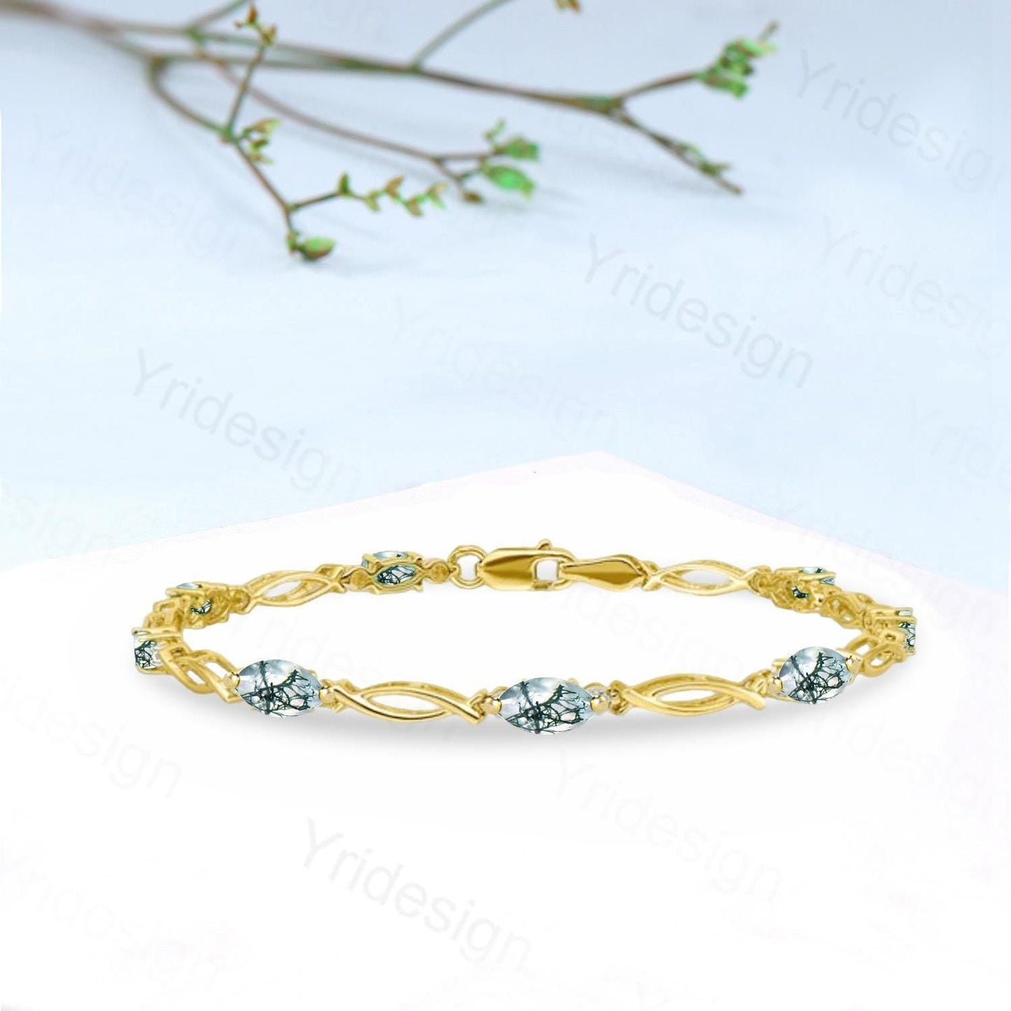 Enchanted Moss Agate Bracelet - Gold Twisted Vine Link Bracelet with Dendritic Gemstones, Nature-Inspired Boho Jewelry