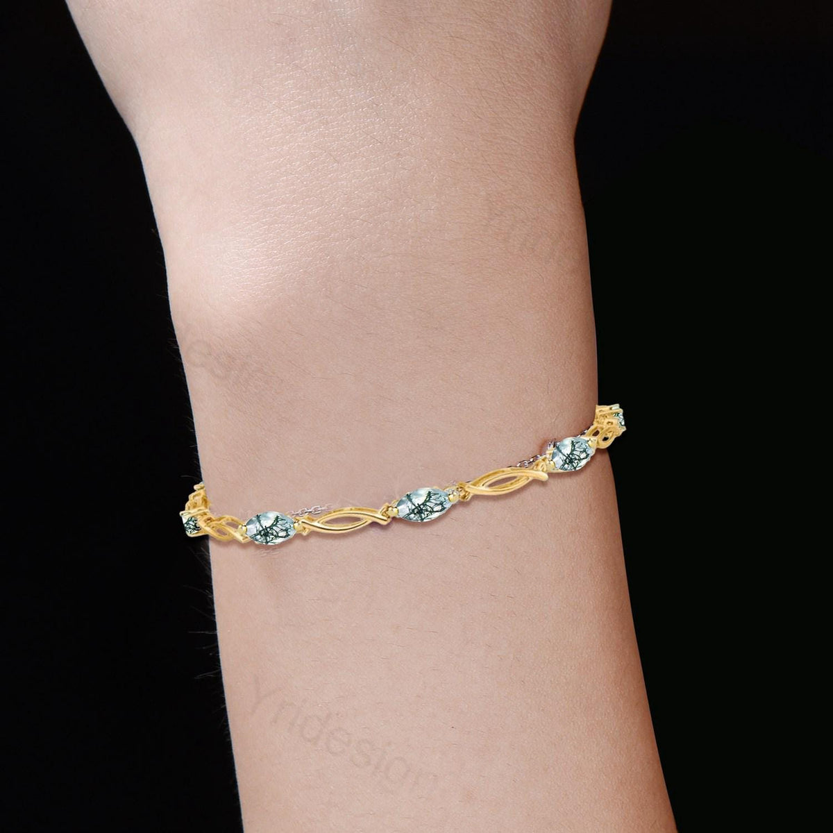 Enchanted Moss Agate Bracelet - Gold Twisted Vine Link Bracelet with Dendritic Gemstones, Nature-Inspired Boho Jewelry