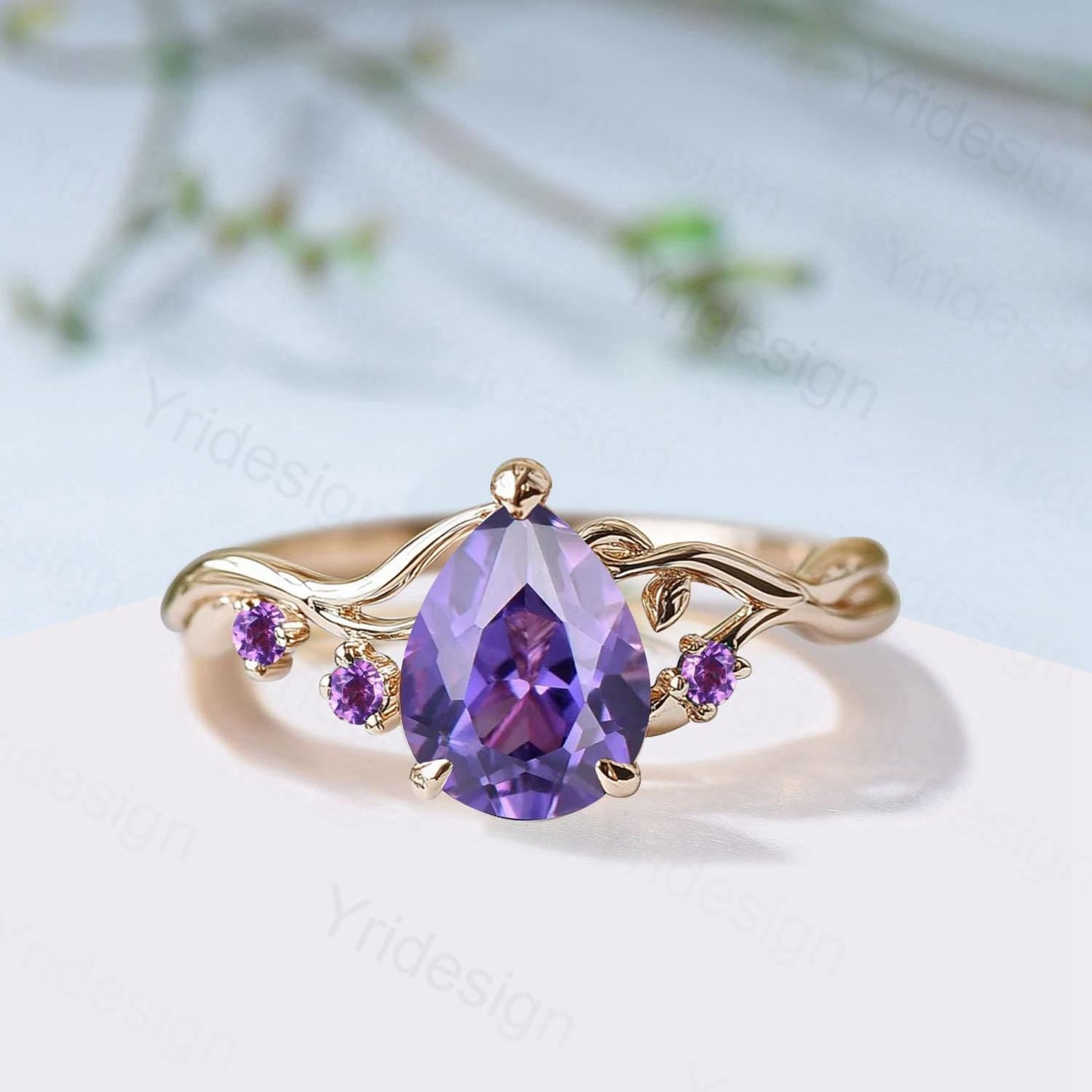 Vintage Pear Shaped Purple Sapphire Engagement Ring, Nature Inspired Leaf Twig Gold Ring, Accent Amethyst Split Shank Anniversary Ring