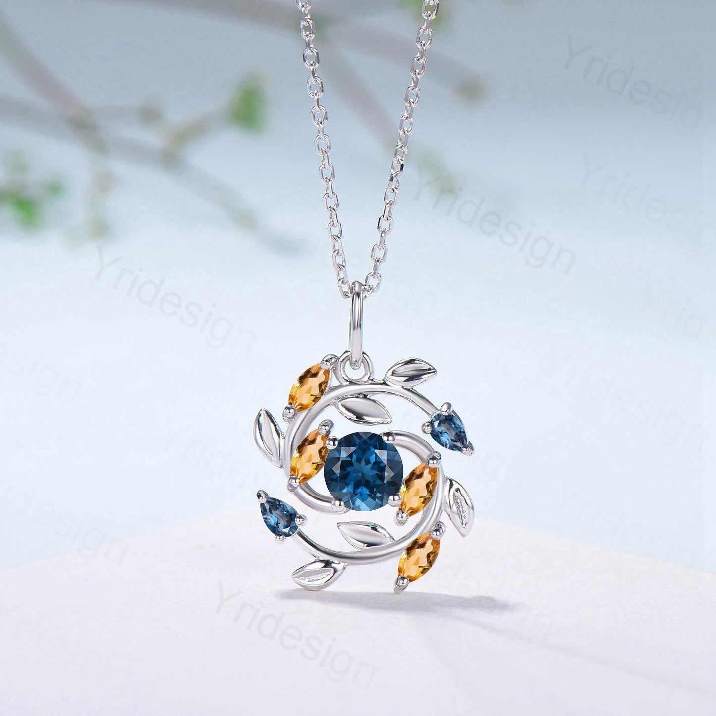 5mm Round Nature Inspired London Blue Topaz Necklace Unique Marquise Citrine Necklace Flower Wreath Pendant Snowflake Anniversary gift women