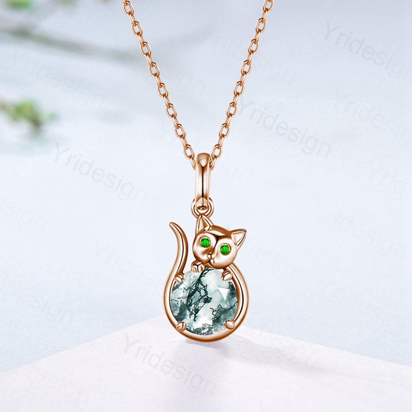 Dainty Cat Moss Agate Pendant Necklace with Emerald | Rose Gold Animal Jewelry | Gemstone Charm for Cat Lovers