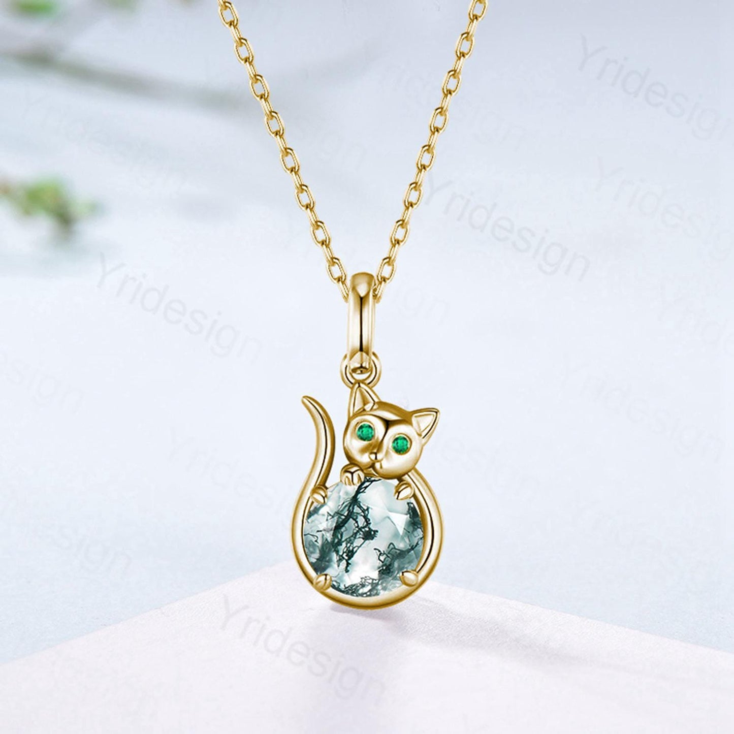 Dainty Cat Moss Agate Pendant Necklace with Emerald | Rose Gold Animal Jewelry | Gemstone Charm for Cat Lovers