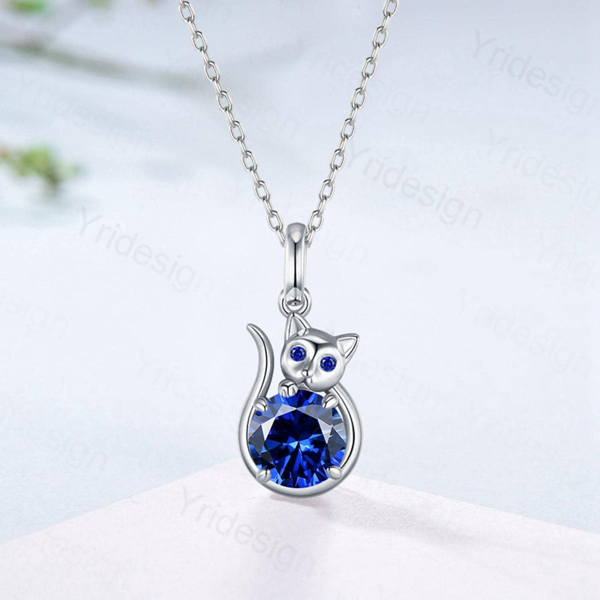 Elegant Cat Blue Sapphire Pendant Necklace with Emerald | Silver September Birthstone Animal Jewelry for Cat Lovers