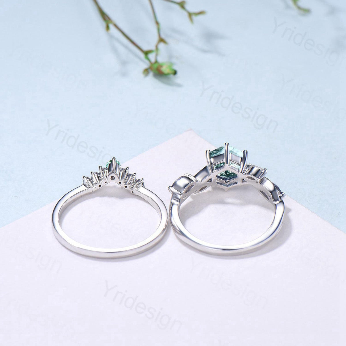 Hexagon Moss Agate Engagement Ring Set, Alexandrite, Moonstone, Emerald Band