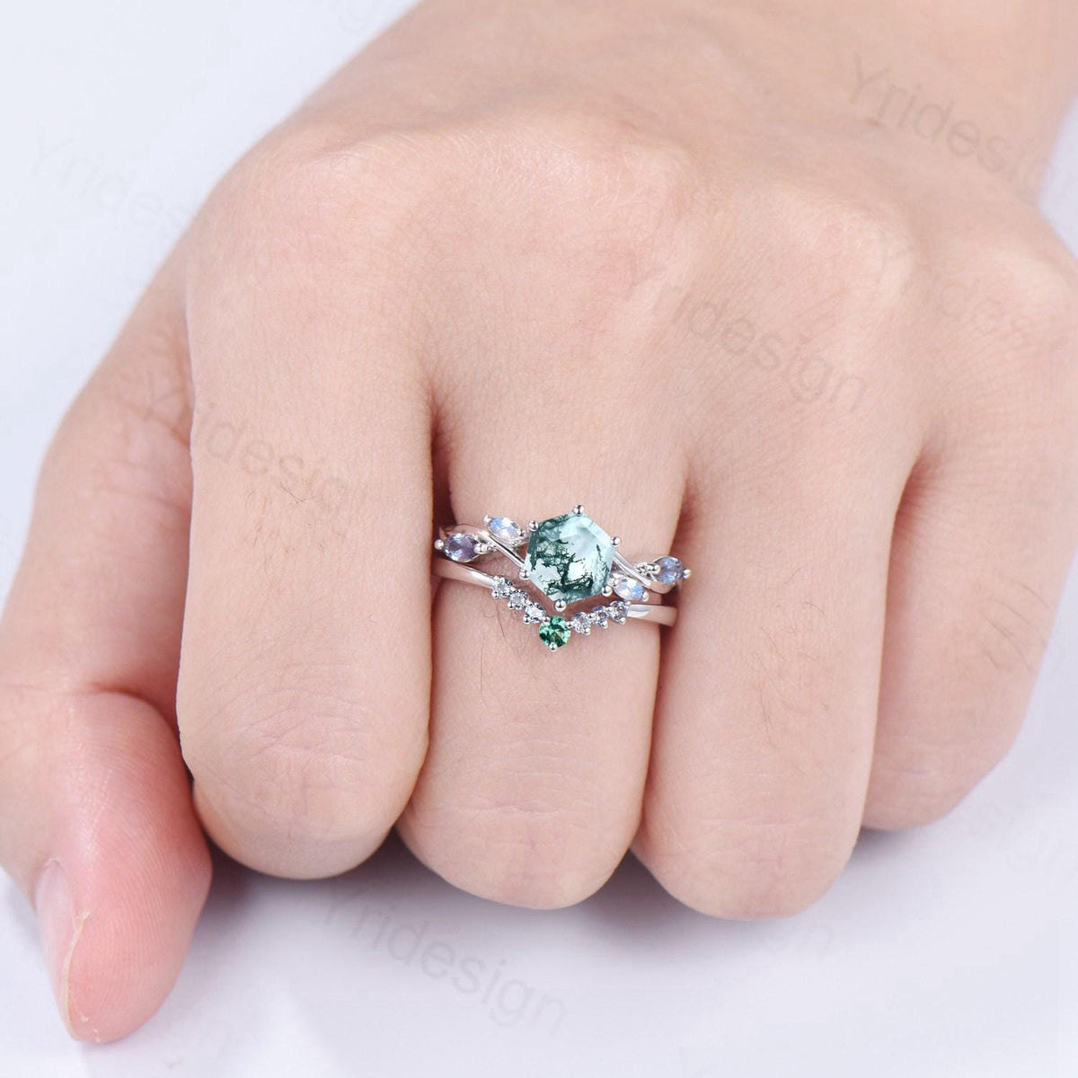 Hexagon Moss Agate Engagement Ring Set, Alexandrite, Moonstone, Emerald Band
