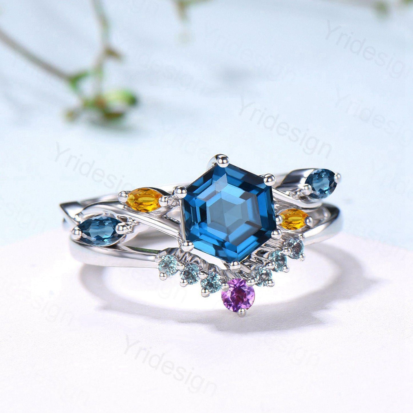 Unique Hexagon Cut London Blue Topaz Engagement Ring Set, Art Deco Marqusie Citrine Wedding Band, Alexandrite Amethyst Stacking Band
