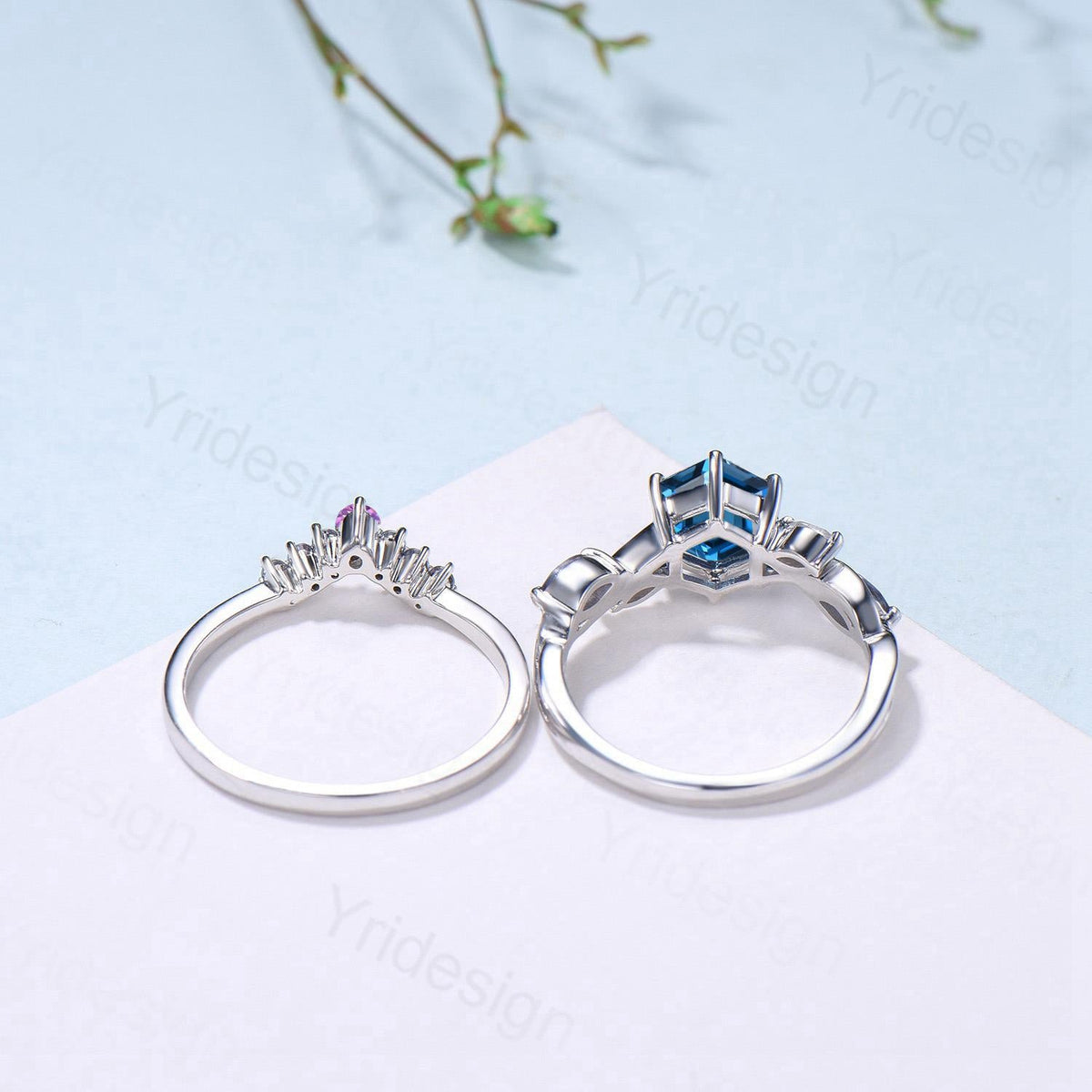 Unique Hexagon Cut London Blue Topaz Engagement Ring Set, Art Deco Marqusie Citrine Wedding Band, Alexandrite Amethyst Stacking Band
