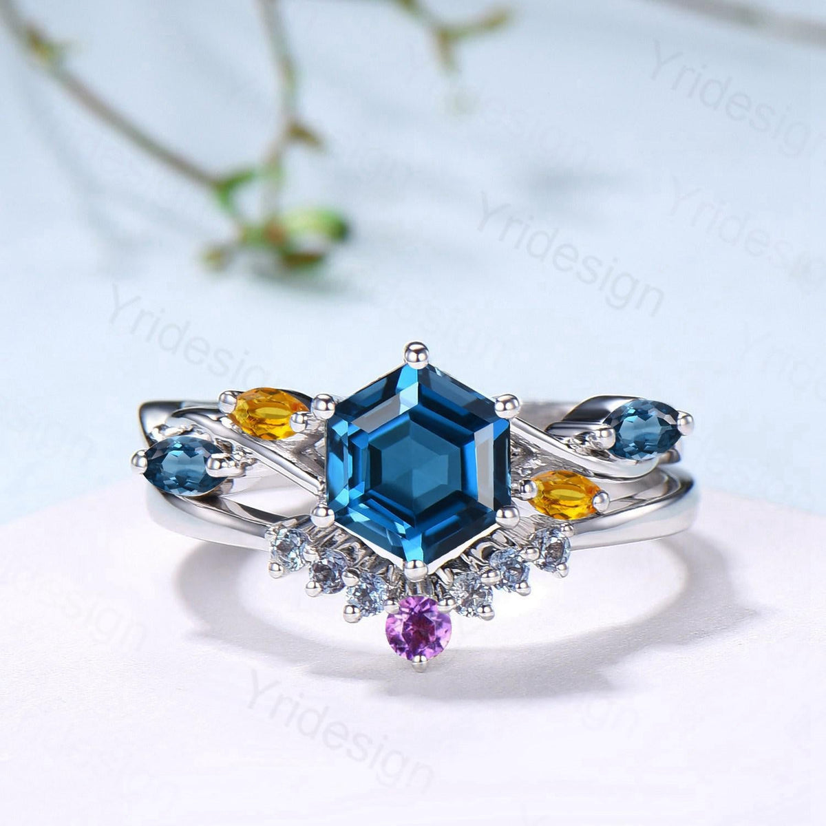Unique Hexagon Cut London Blue Topaz Engagement Ring Set, Art Deco Marqusie Citrine Wedding Band, Alexandrite Amethyst Stacking Band