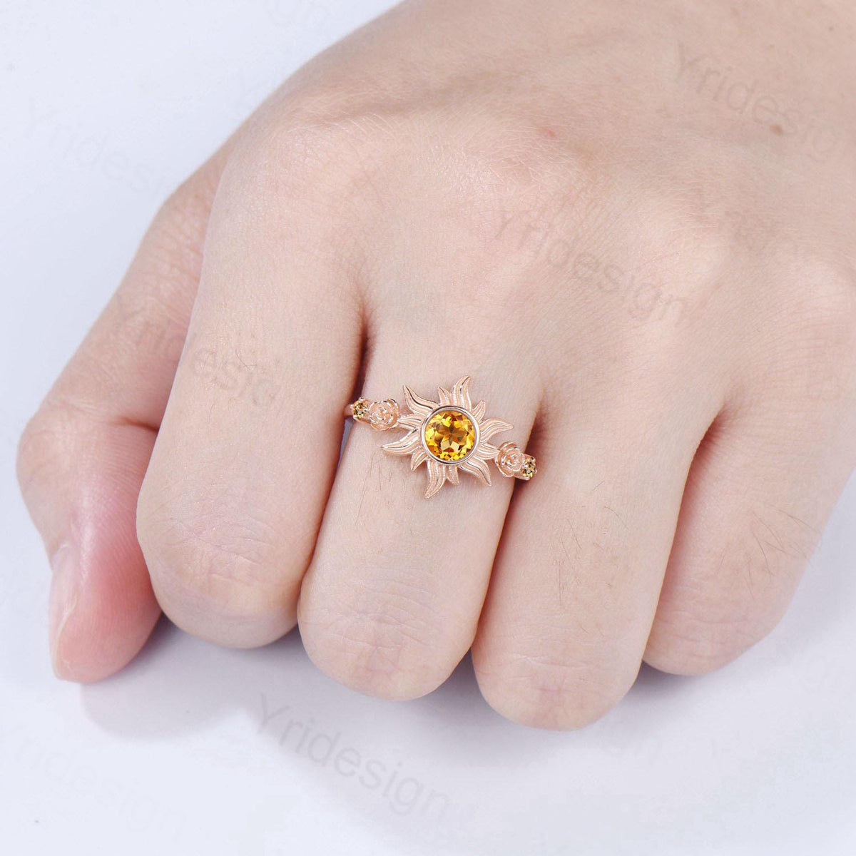 Sunflower Citrine Engagement Ring,  Rose Gold Flower Three Stone Ring