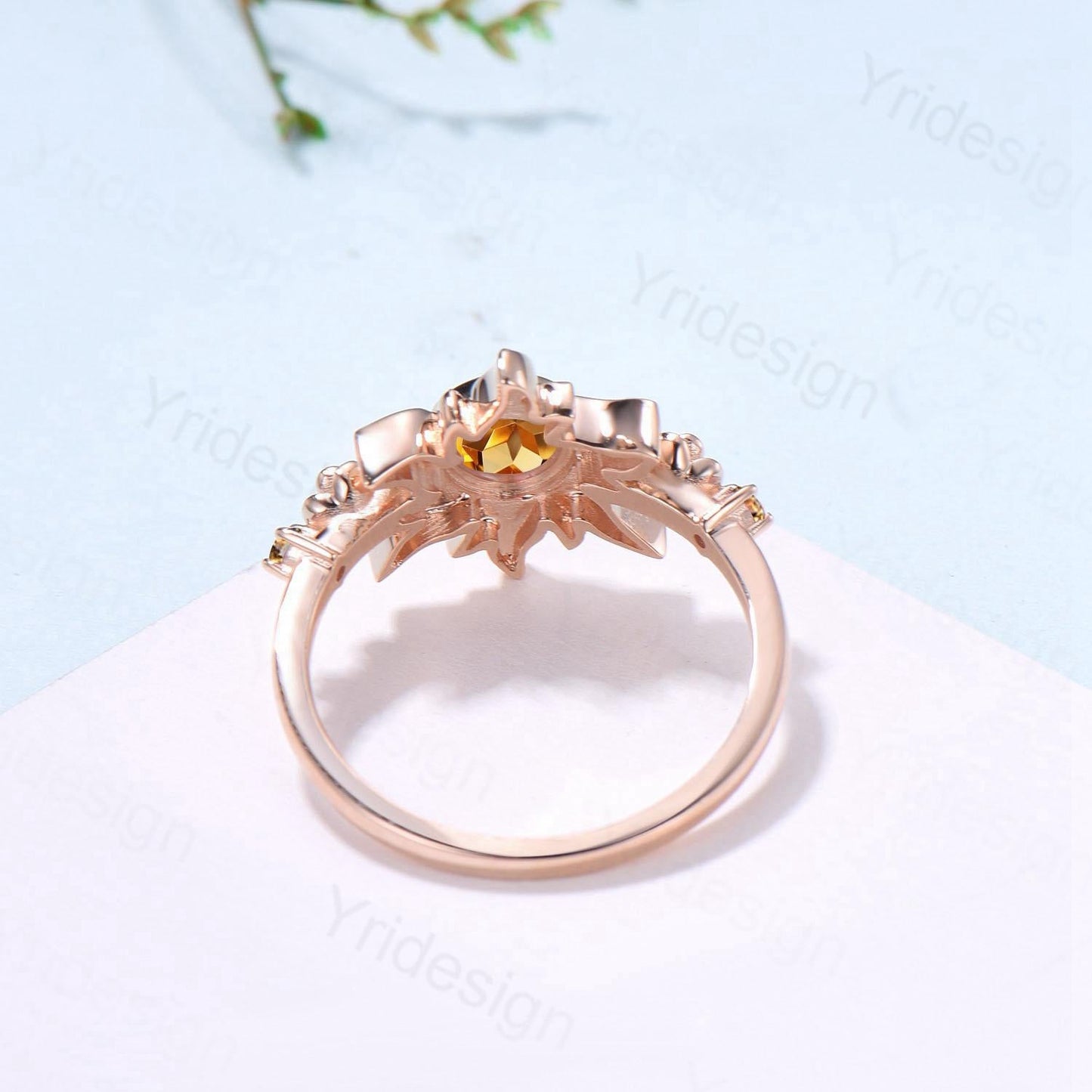 Sunflower Citrine Engagement Ring,  Rose Gold Flower Three Stone Ring