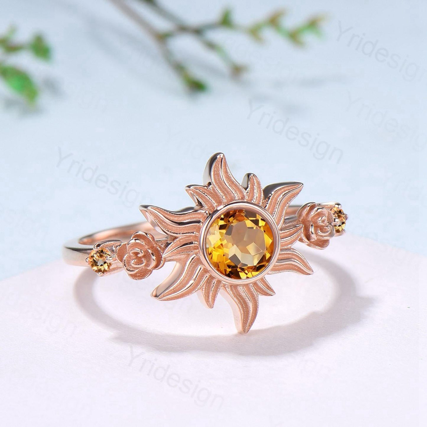 Sunflower Citrine Engagement Ring,  Rose Gold Flower Three Stone Ring