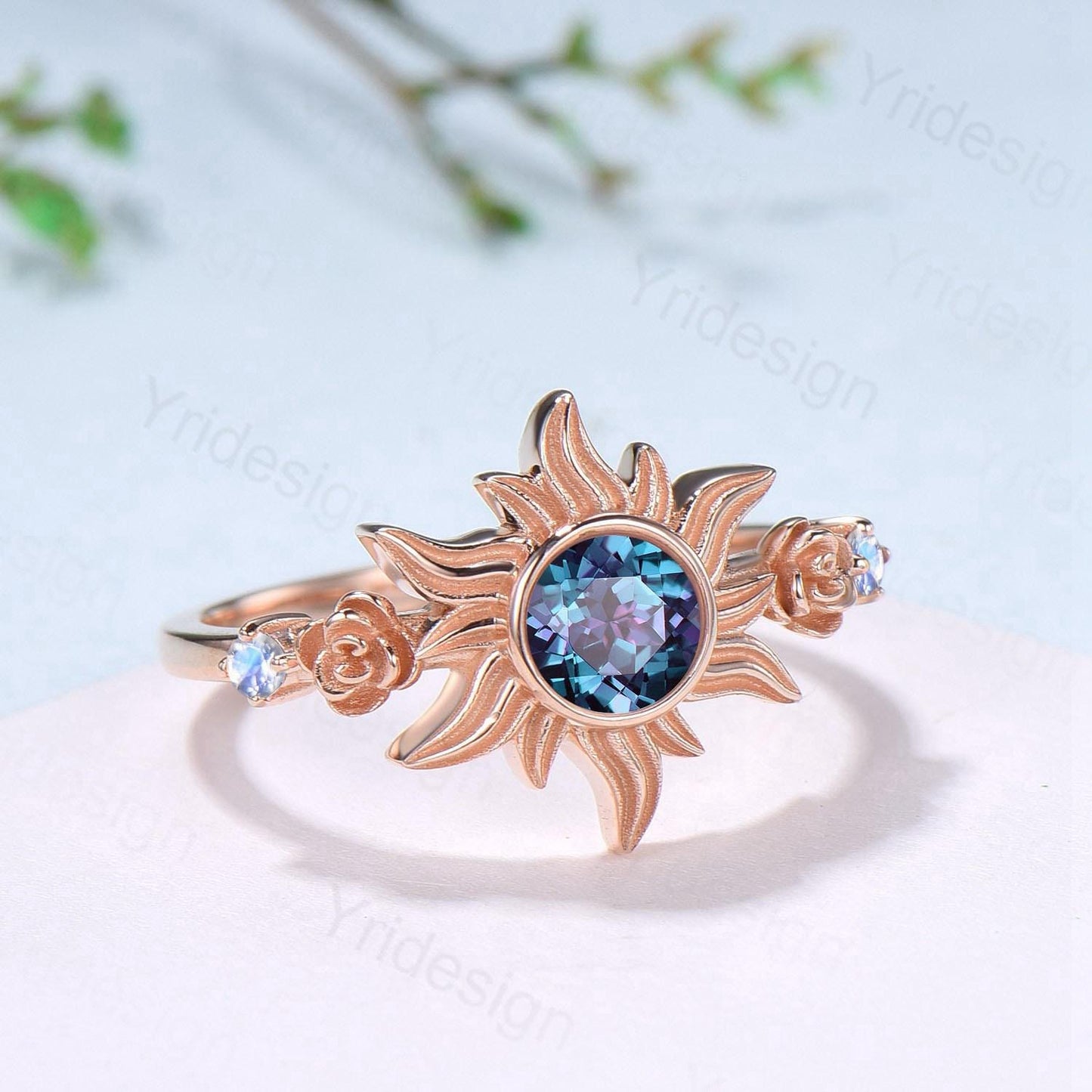 Rose Gold Sunflower Moonstone Engagement Ring & Tiny Alexandrite Accents | Celestial Flower Statement Ring for Women