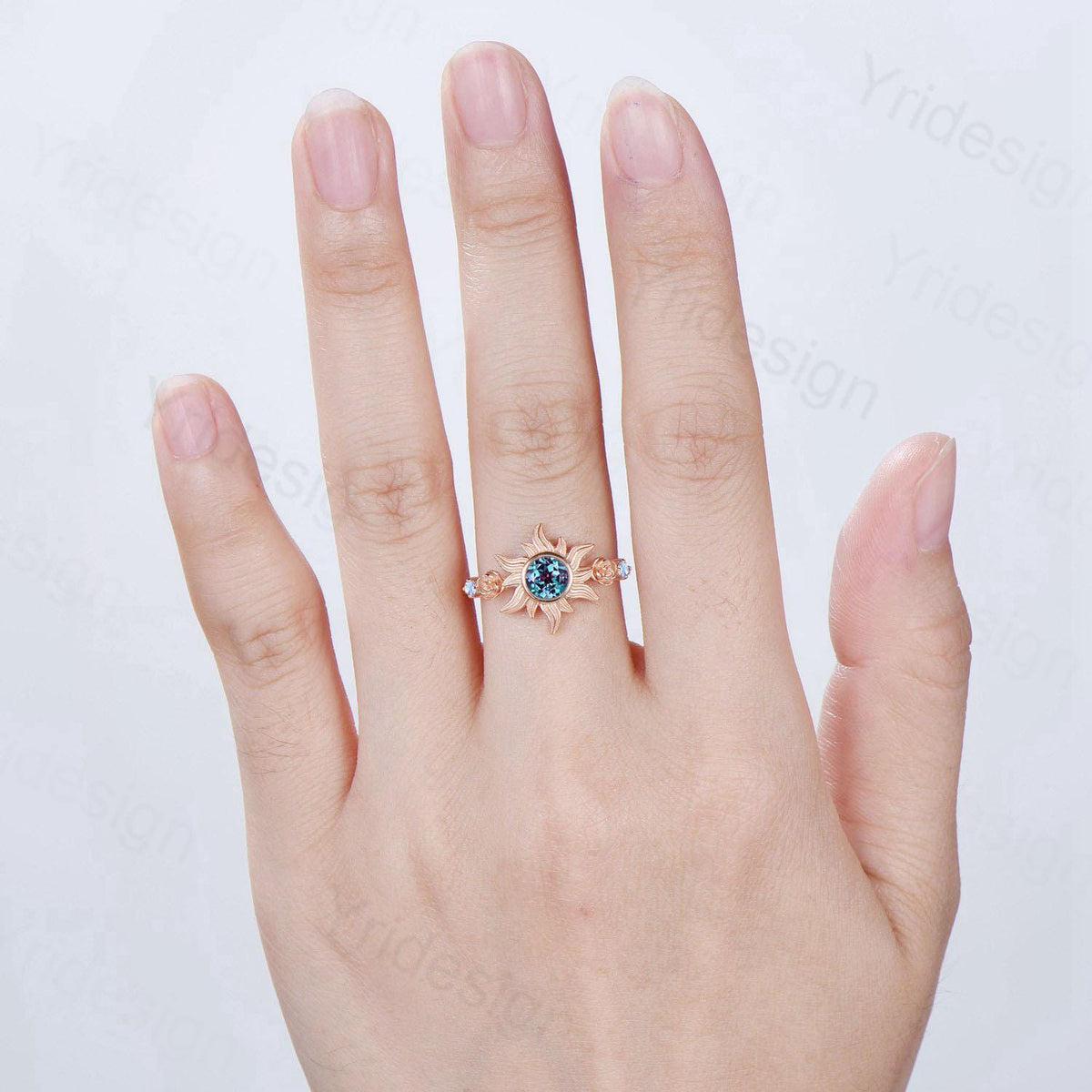 Rose Gold Sunflower Moonstone Engagement Ring & Tiny Alexandrite Accents | Celestial Flower Statement Ring for Women