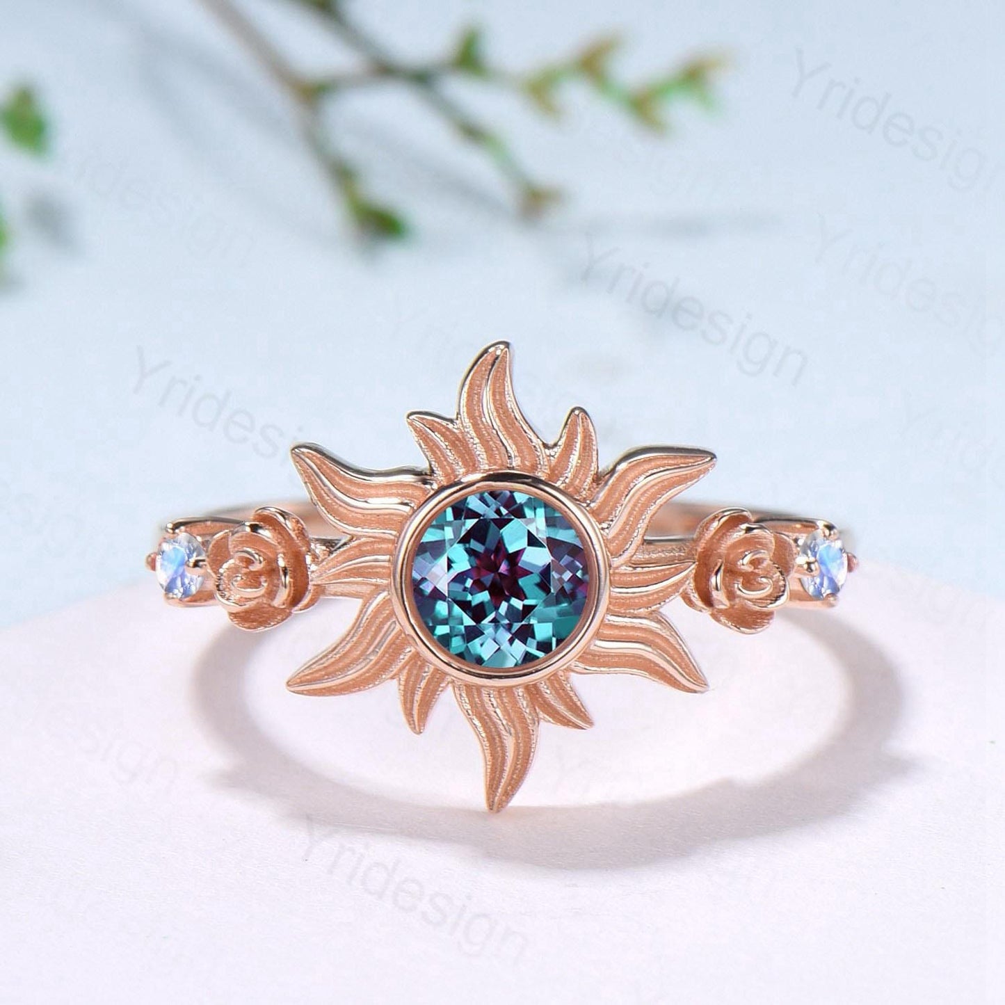 Rose Gold Sunflower Moonstone Engagement Ring & Tiny Alexandrite Accents | Celestial Flower Statement Ring for Women