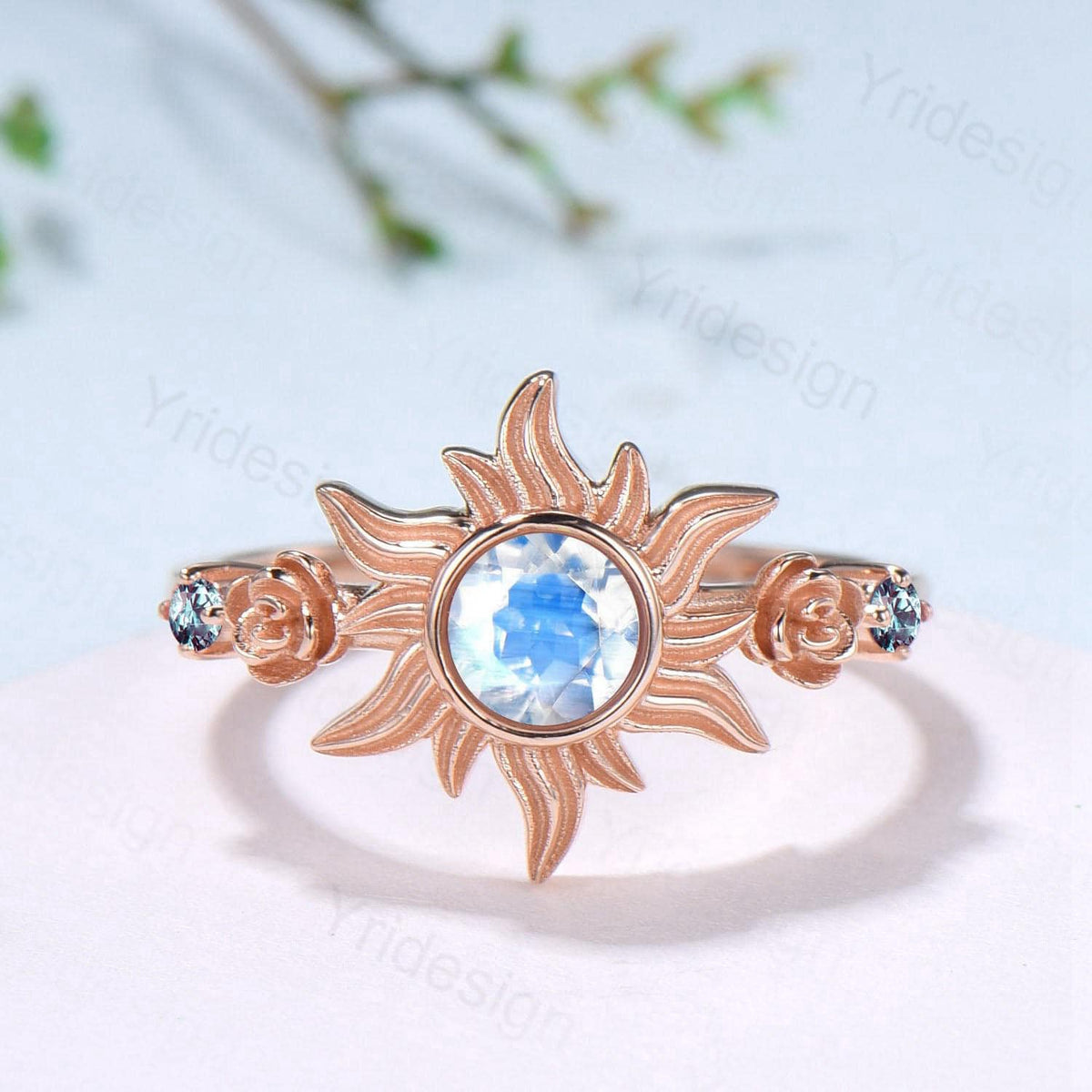 Vintage Sunflower Moonstone Engagement Ring & Tiny Alexandrite Accents | Celestial Flower Statement Ring for Women