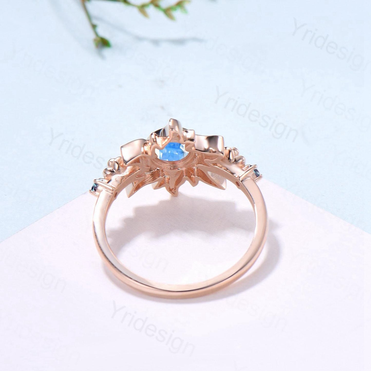 Vintage Sunflower Moonstone Engagement Ring & Tiny Alexandrite Accents | Celestial Flower Statement Ring for Women