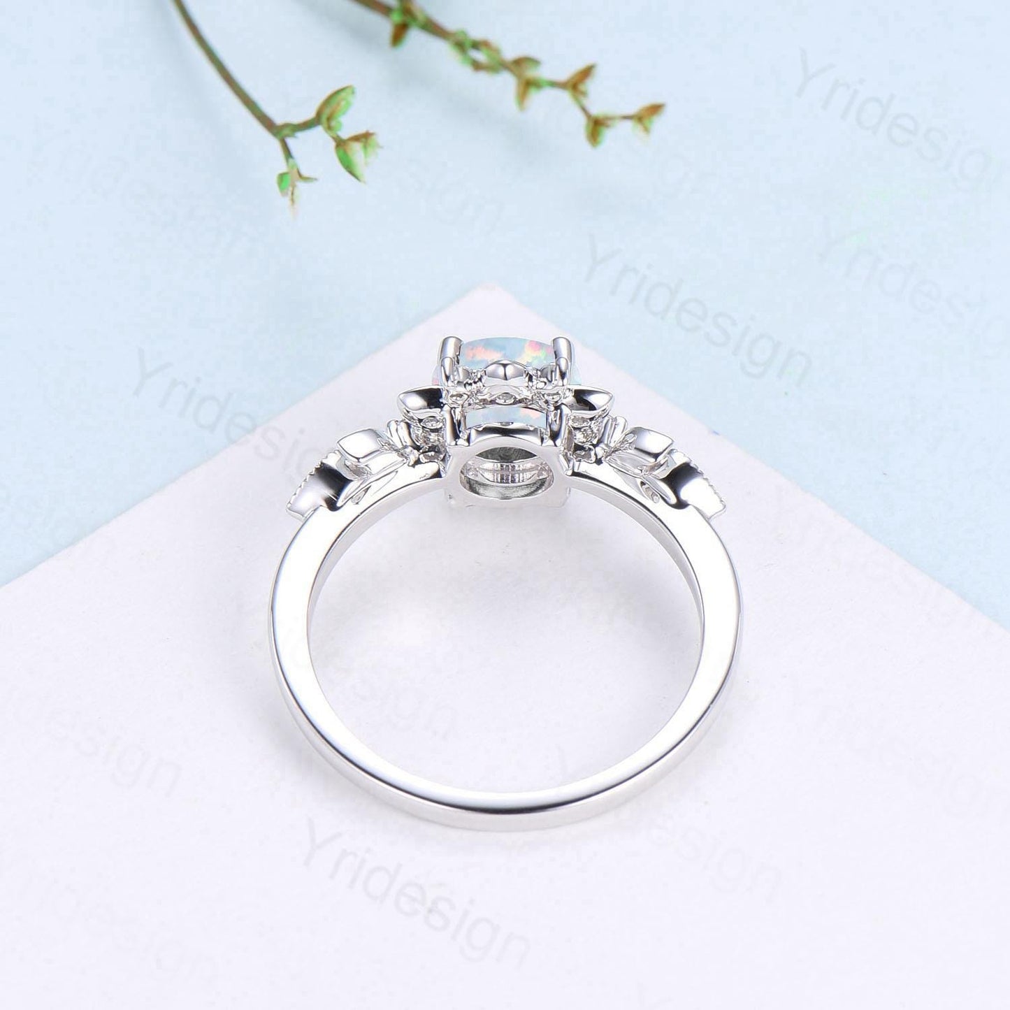 Floral White Fire Opal Engagement Ring, Emerald & Amethyst Lotus,  White Gold Moon Jewelry