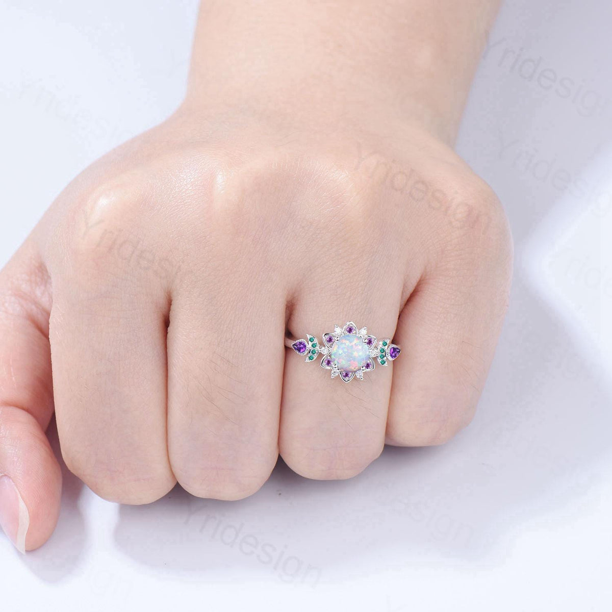 Floral White Fire Opal Engagement Ring, Emerald & Amethyst Lotus,  White Gold Moon Jewelry
