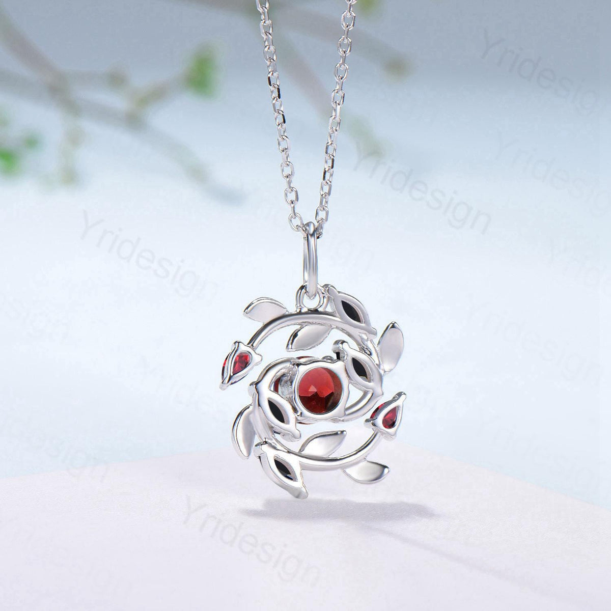 5mm Round Nature Inspired Garnet Necklace Unique Black Spinel Necklace Flower Wreath Pendant Snowflake Anniversary gift women