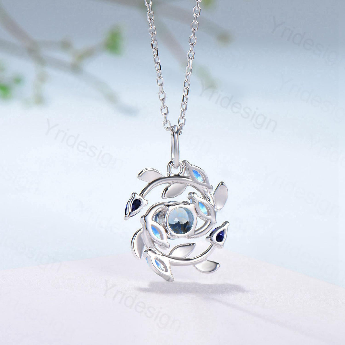 Elegant Aquamarine Necklace Pendant Blue Marquise Moonstone & Blue Sapphire, Vintage Style, Nature Inspired