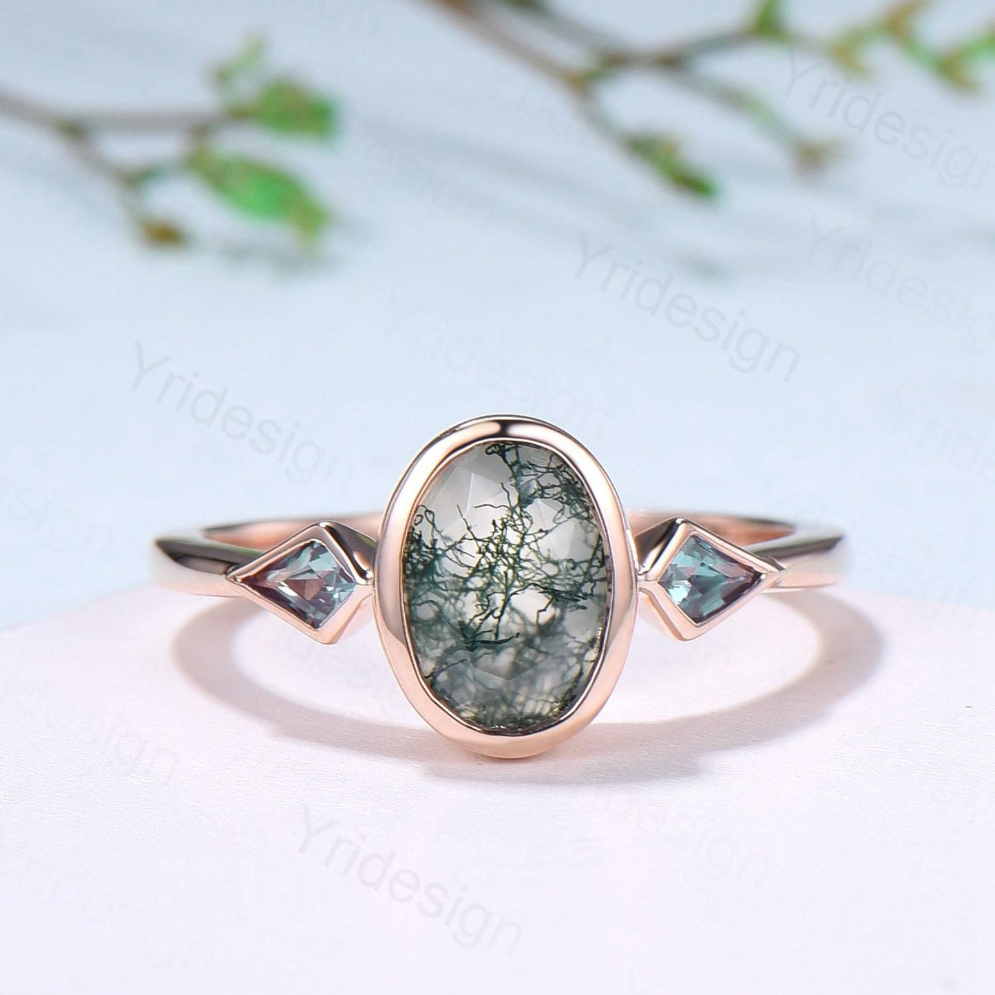 Oval Moss Agate Engagement Ring, Kite Alexandrite Accent, Bezel Set