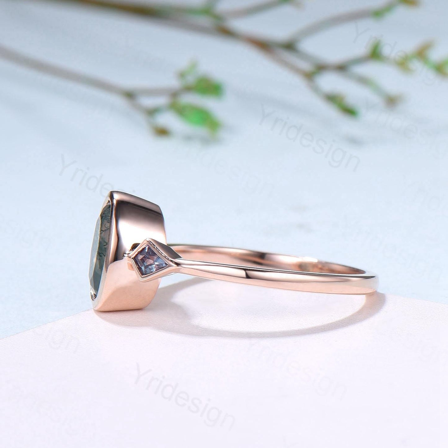 Oval Moss Agate Engagement Ring, Kite Alexandrite Accent, Bezel Set