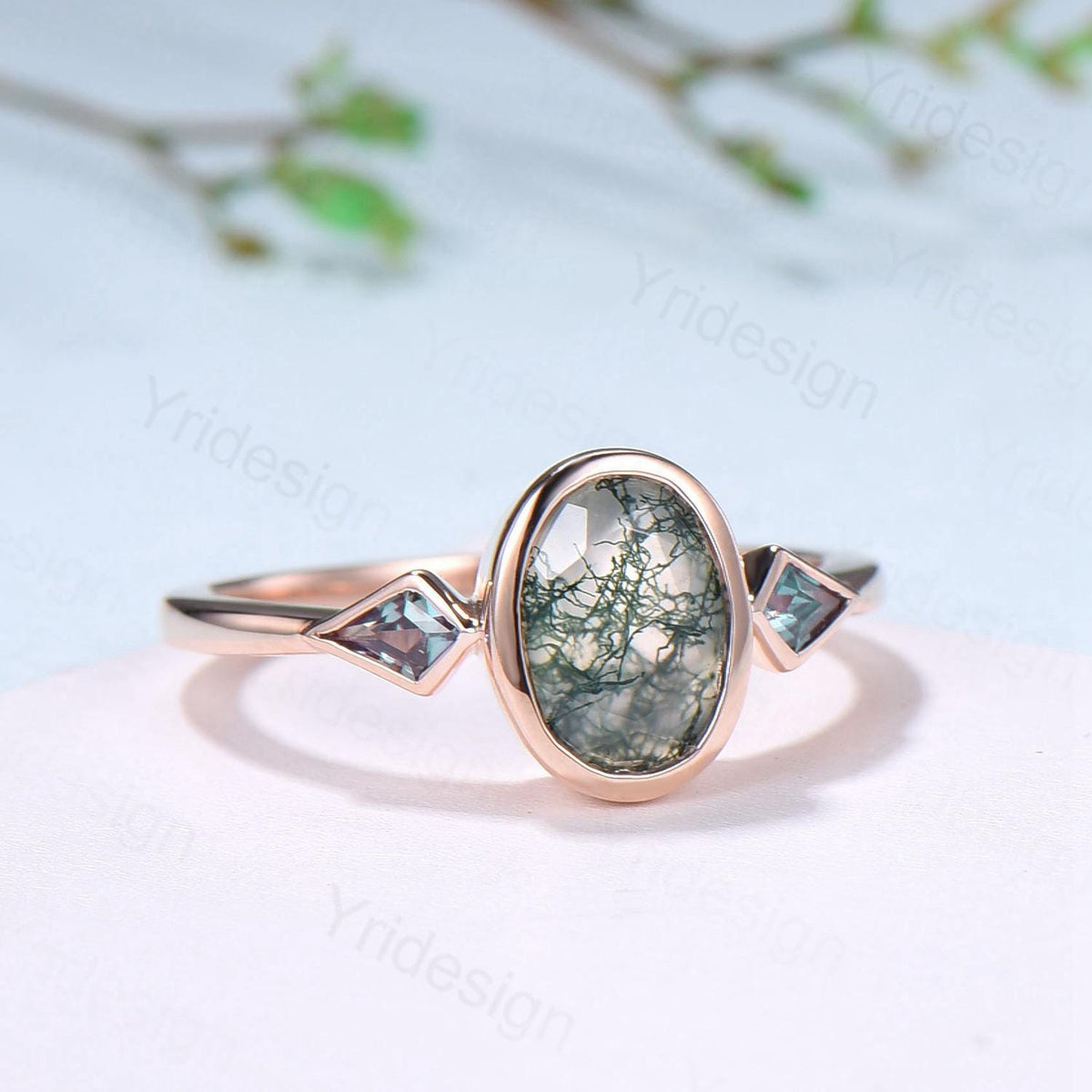 Oval Moss Agate Engagement Ring, Kite Alexandrite Accent, Bezel Set