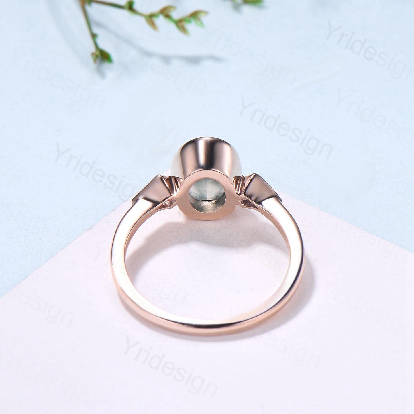 Oval Moss Agate Engagement Ring, Kite Alexandrite Accent, Bezel Set