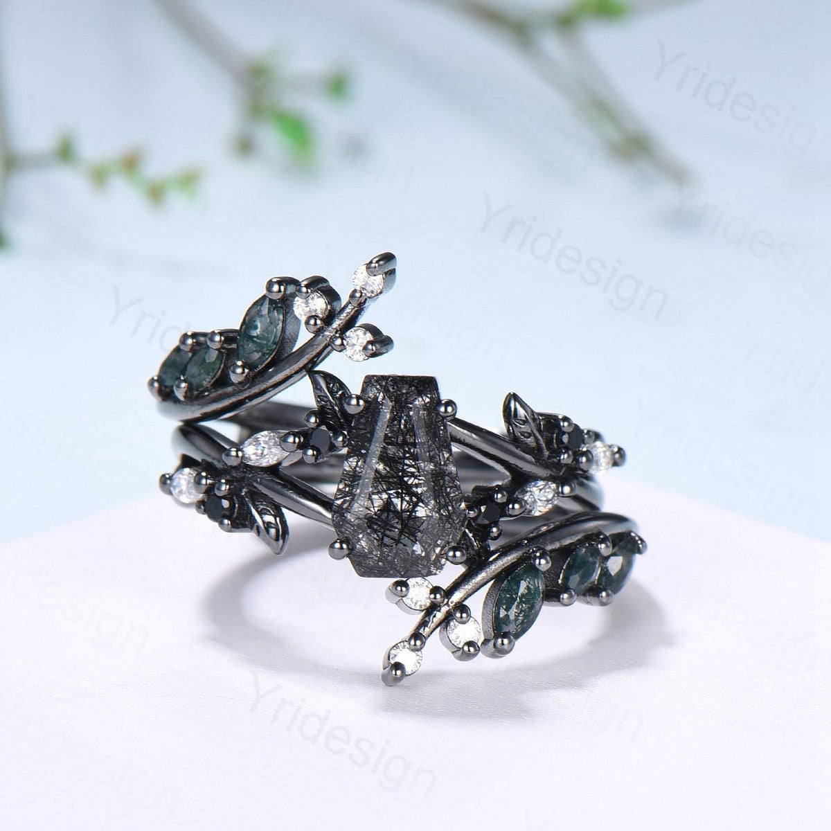 Gothic coffin cut black rutilated quartz engagement ring set black gold cluster engagement ring leaf vine nature inspired agate wedding set